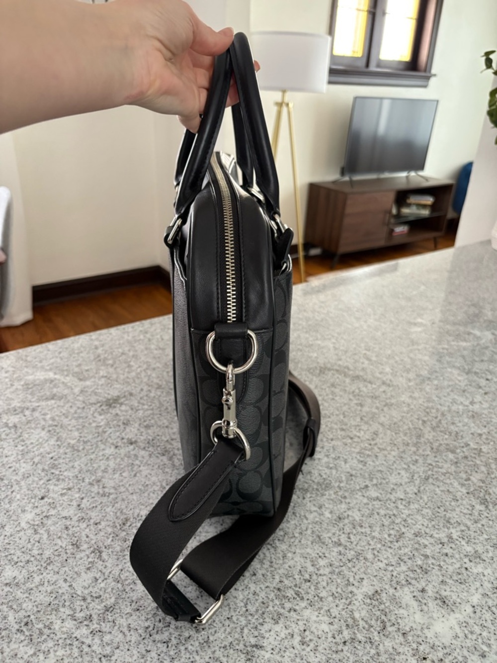 COACH Perry Slim briefcase in SIGNATURE charcoal black career messenger bag - Picture 4 of 16